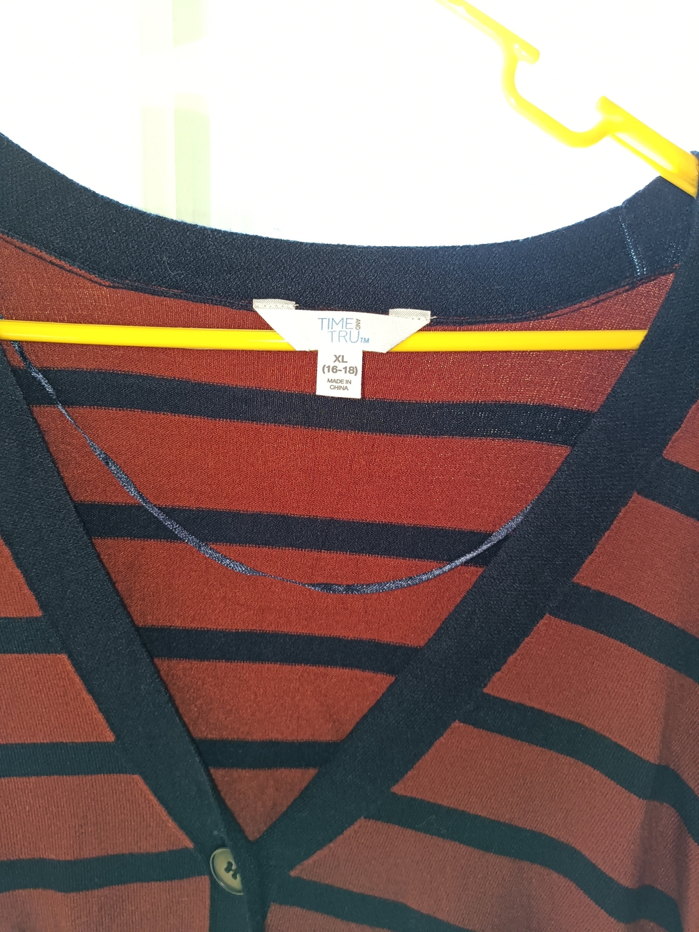 Time and Tru Rust and Black Striped V-Neck Button Cardigan - Picture 2 of 3